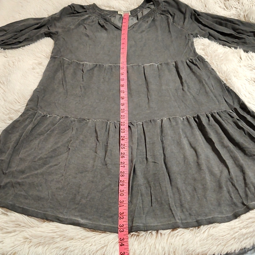 Wonderly Mineral Wash Babydoll Dress Gray Lantern Sleeve Stretchy Cabincore S - Picture 9 of 12
